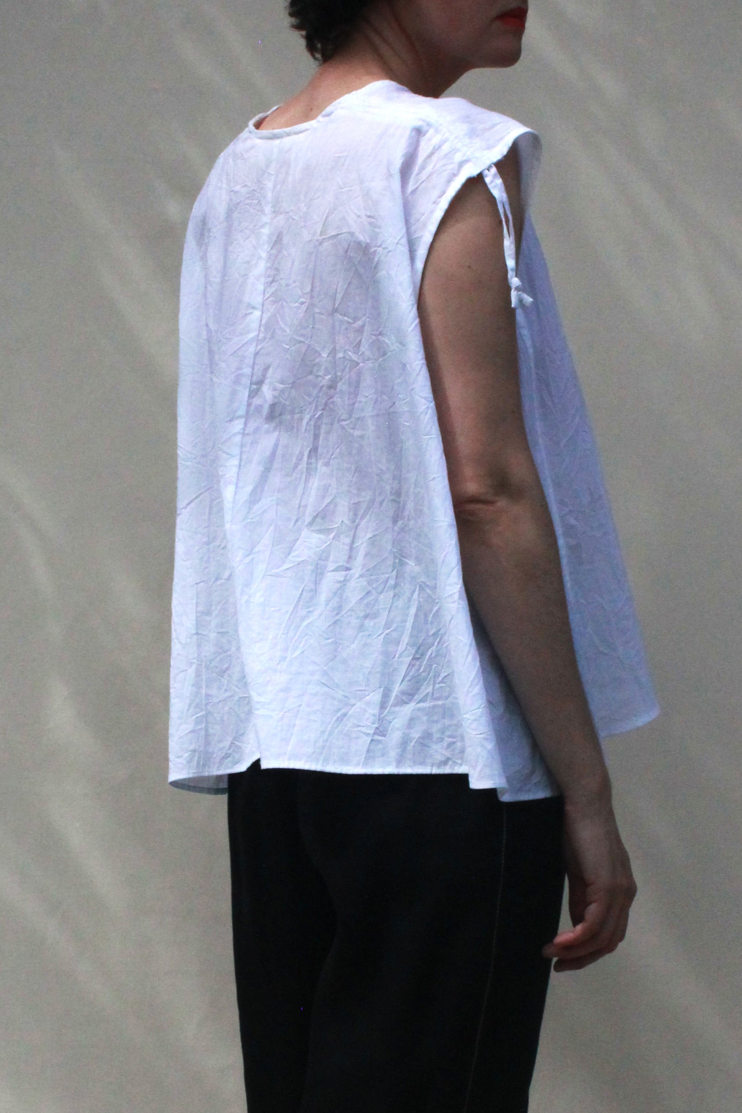 Cinch Shoulder Sleeveless Top - White Crinkle Voile