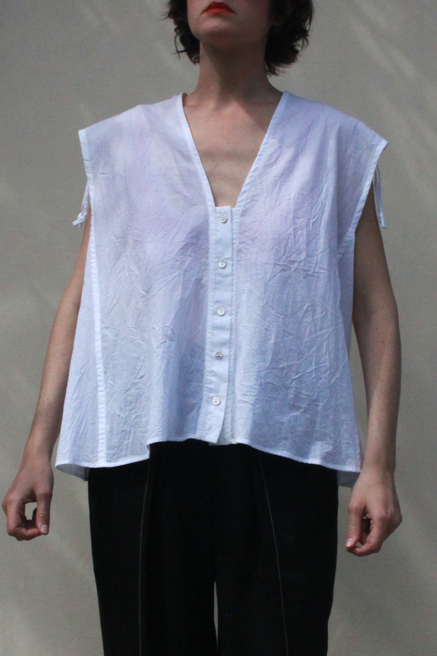 Cinch Shoulder Sleeveless Top - White Crinkle Voile