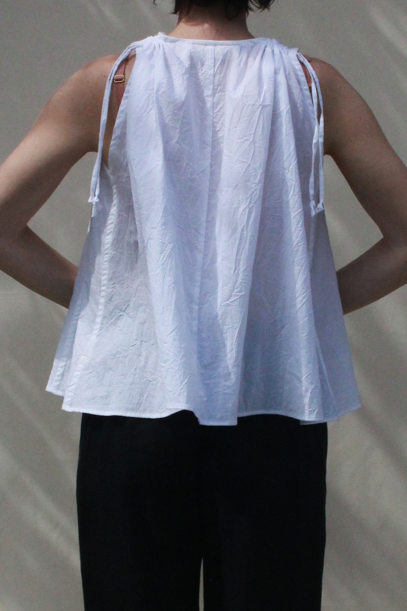 Cinch Shoulder Sleeveless Top - White Crinkle Voile