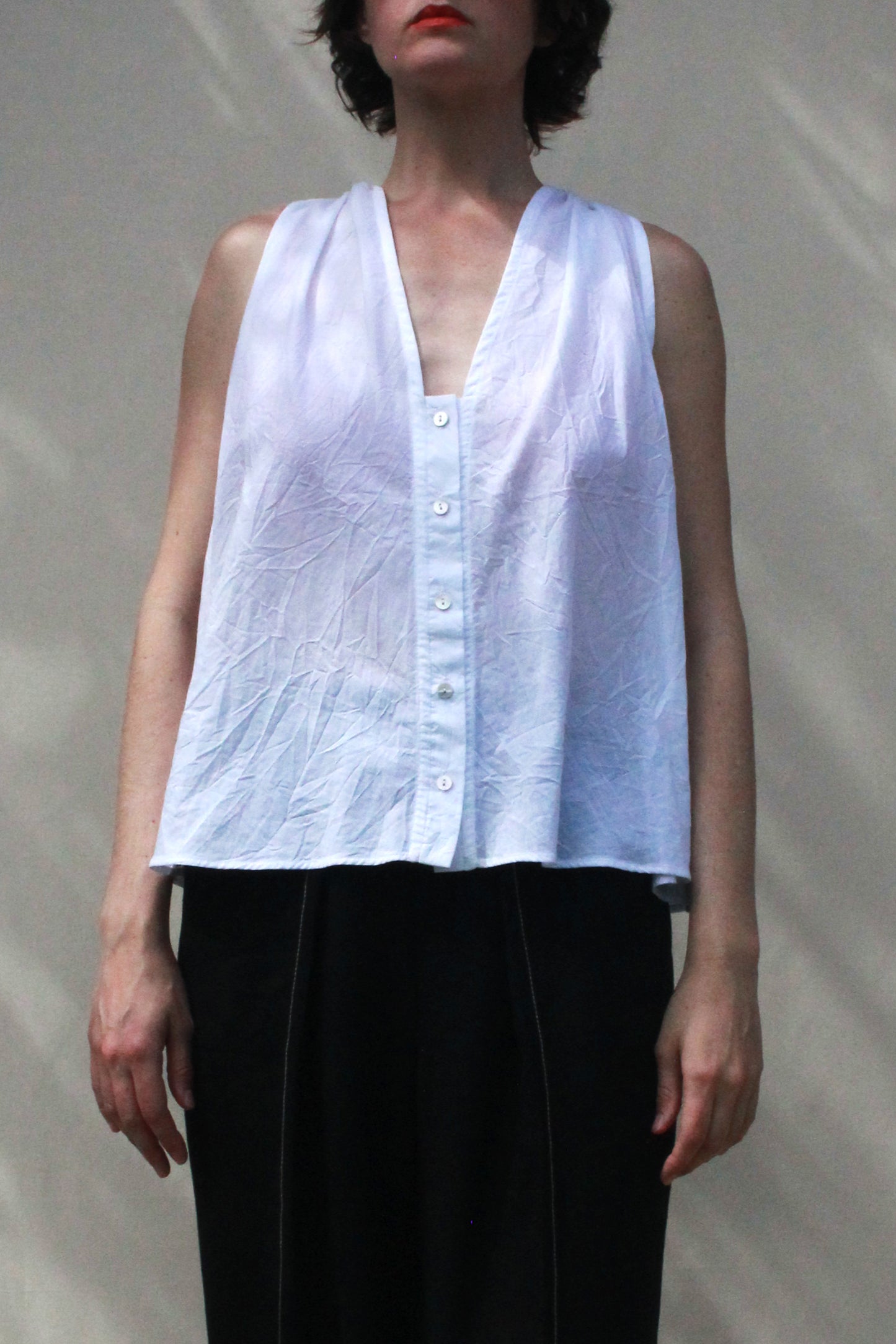 Cinch Shoulder Sleeveless Top - White Crinkle Voile