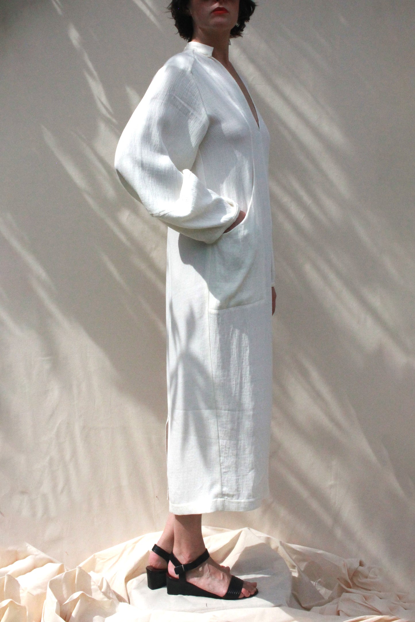 Scoop Pocket Dress - Ecru Textured Rayon