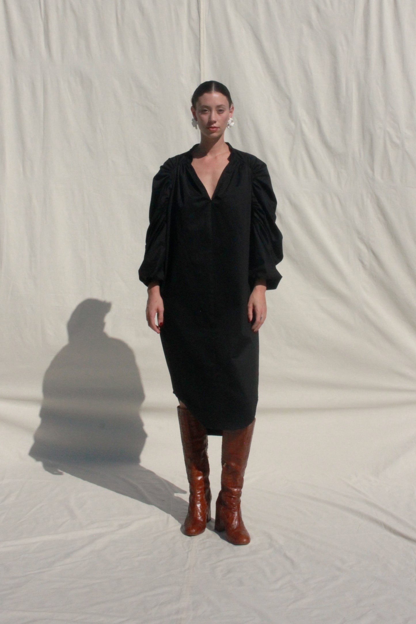Shell Sleeve Dress - Black Sateen