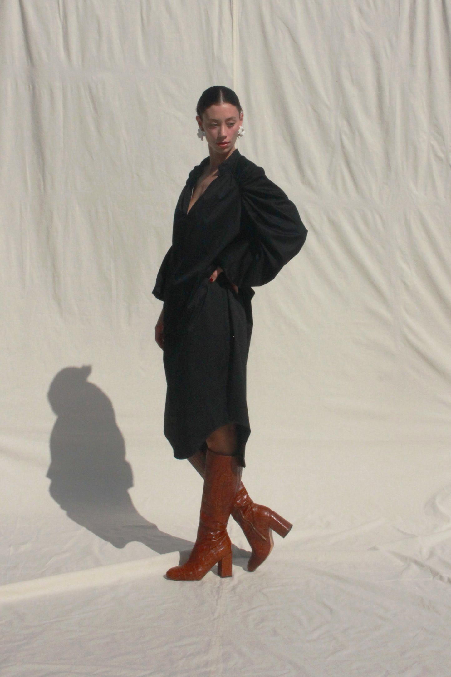 Shell Sleeve Dress - Black Sateen