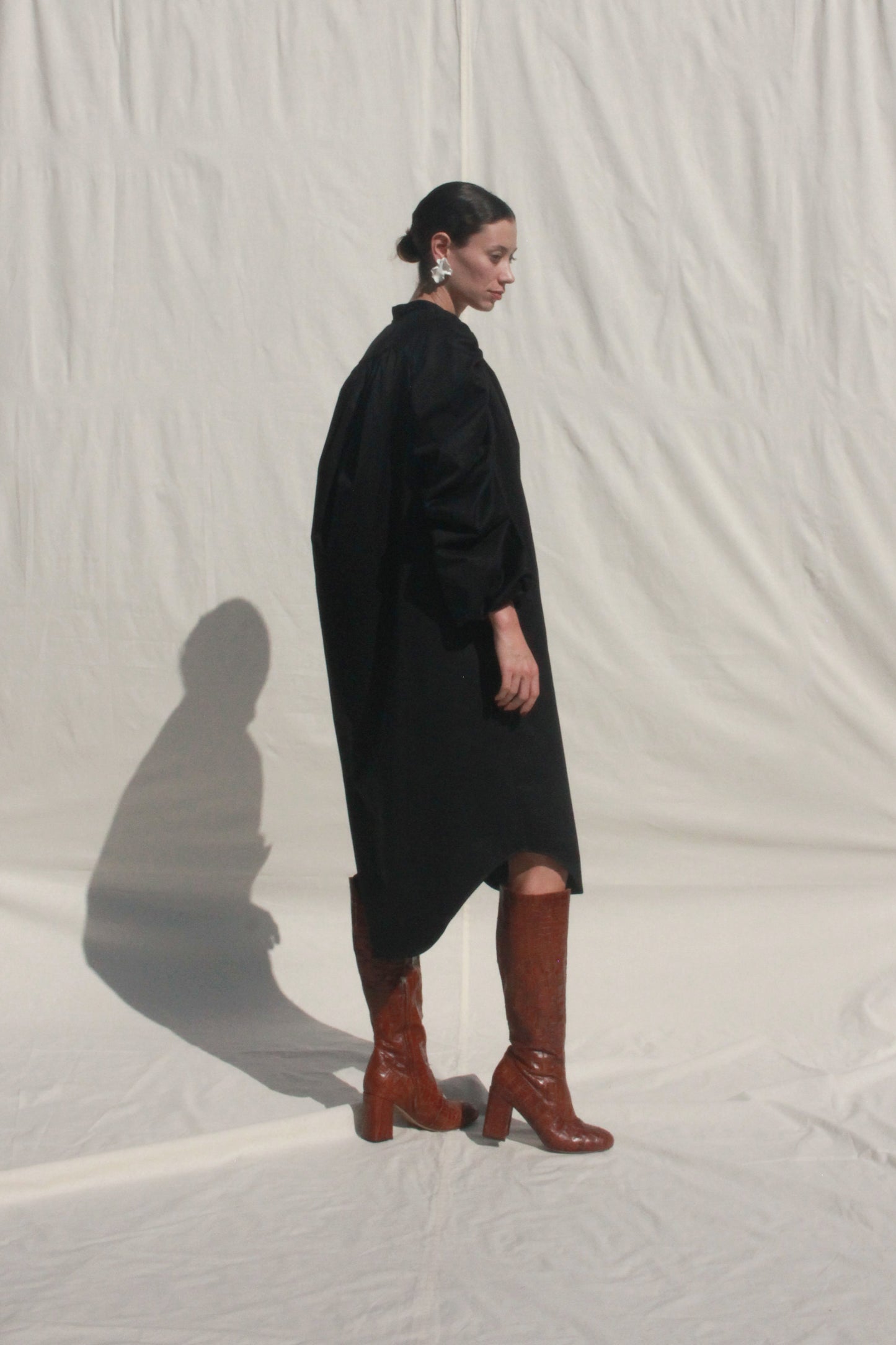 Shell Sleeve Dress - Black Sateen