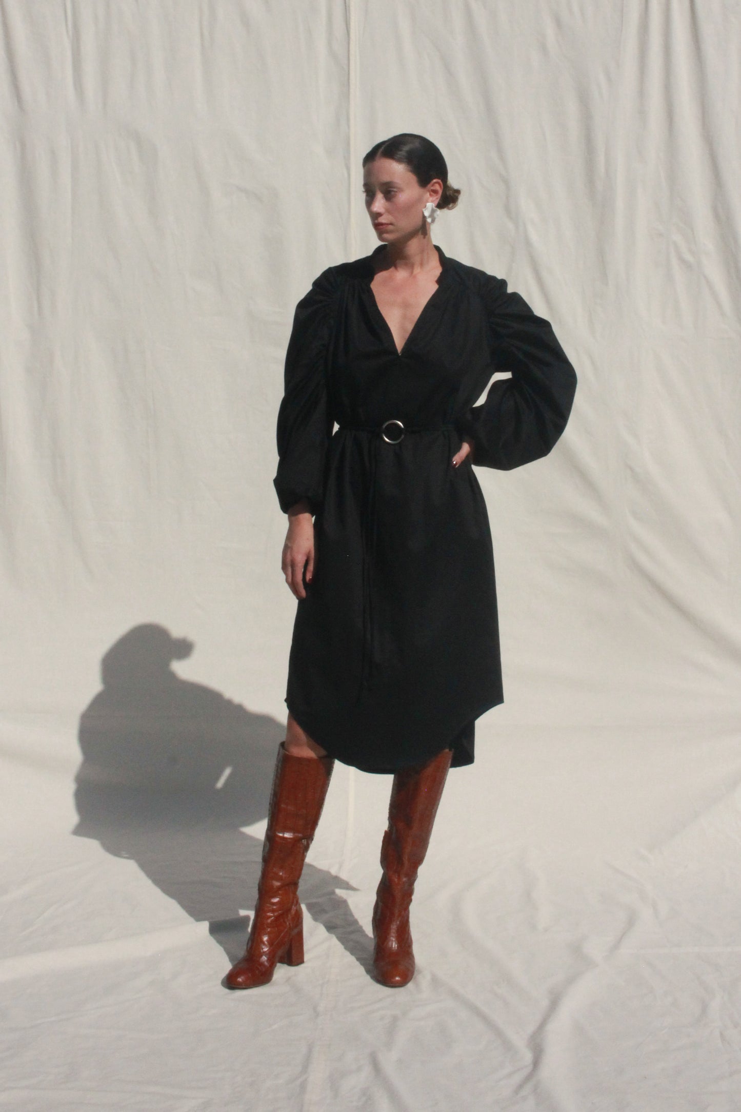 Shell Sleeve Dress - Black Sateen