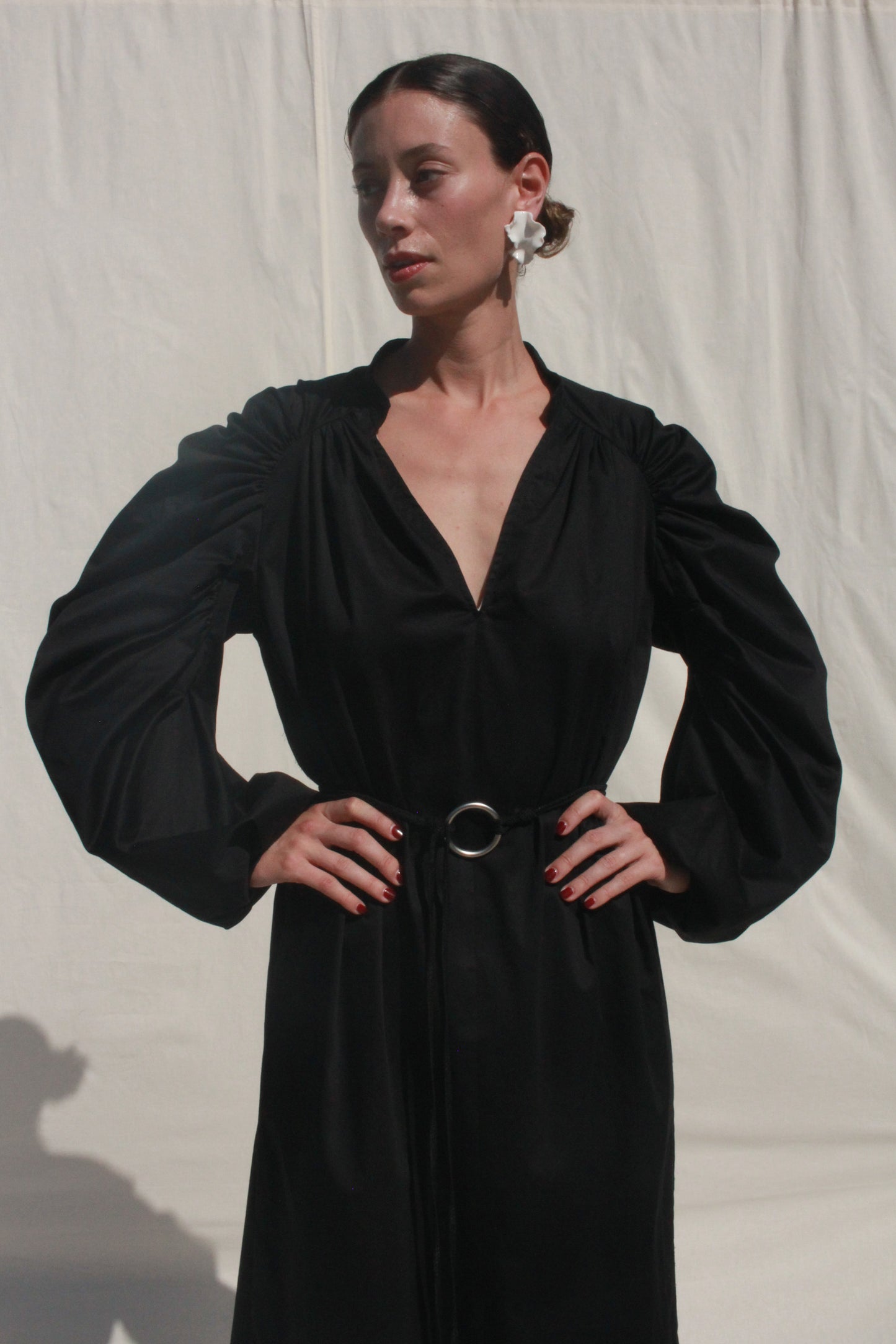 Shell Sleeve Dress - Black Sateen