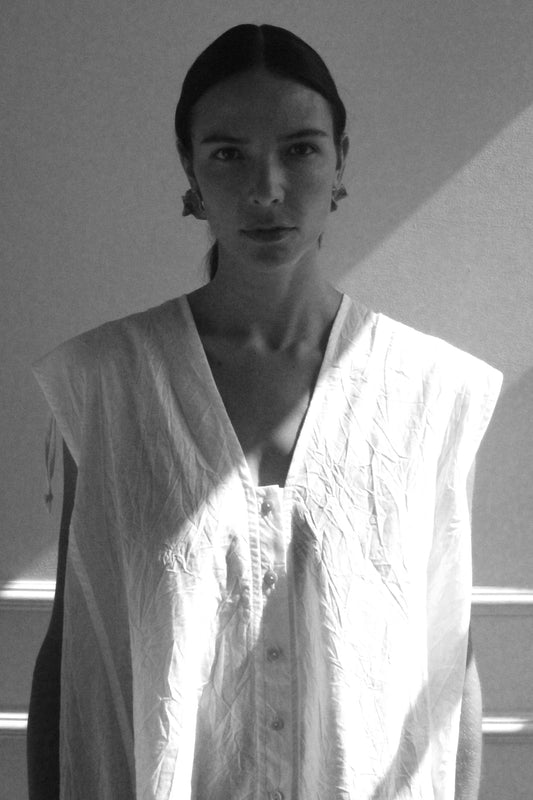 Cinch Shoulder Sleeveless Top - White Crinkle Voile