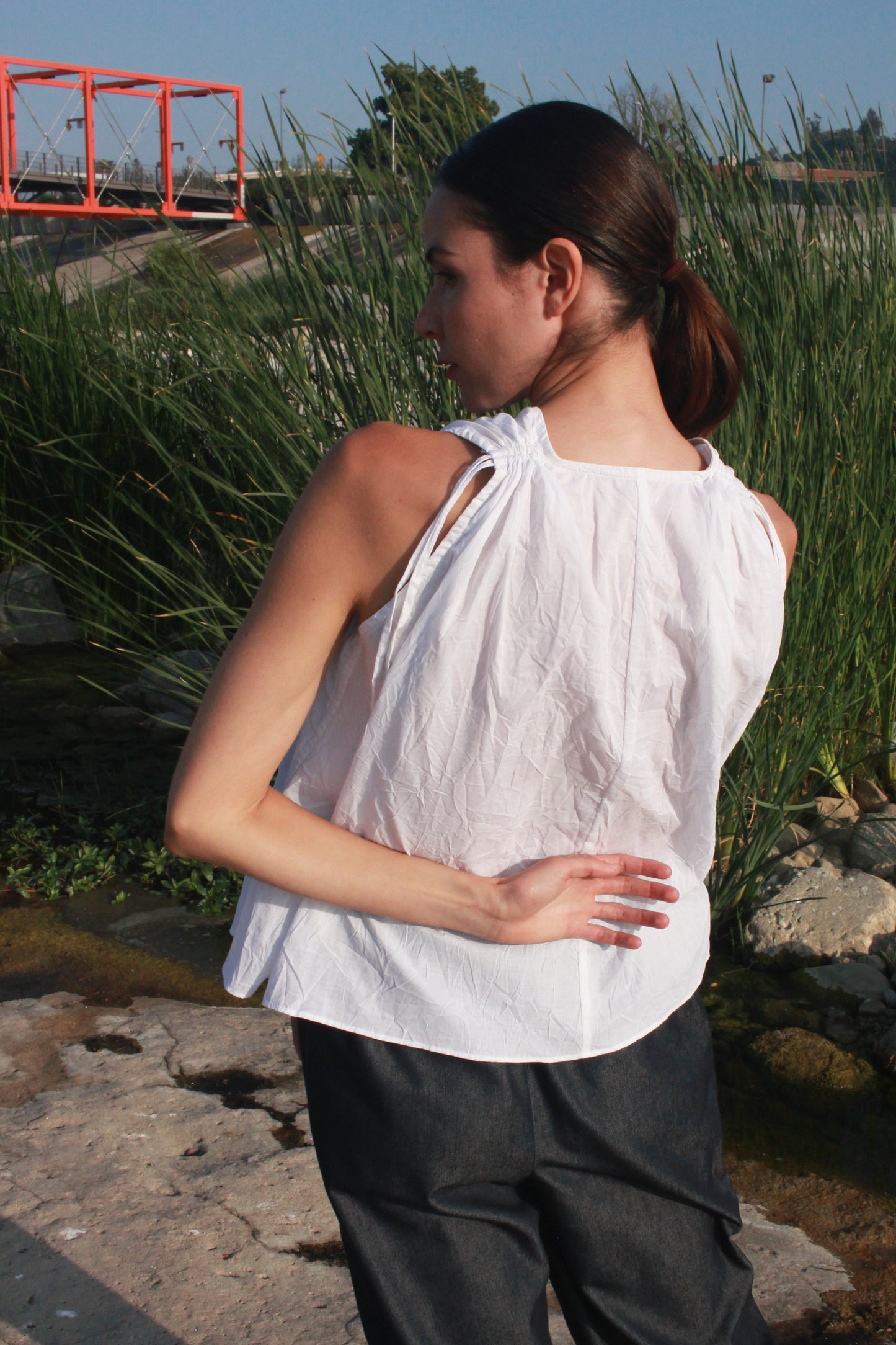 Cinch Shoulder Sleeveless Top - White Crinkle Voile