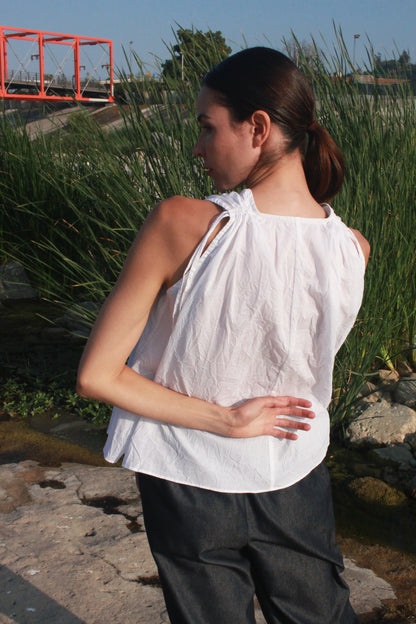 Cinch Shoulder Sleeveless Top - White Crinkle Voile