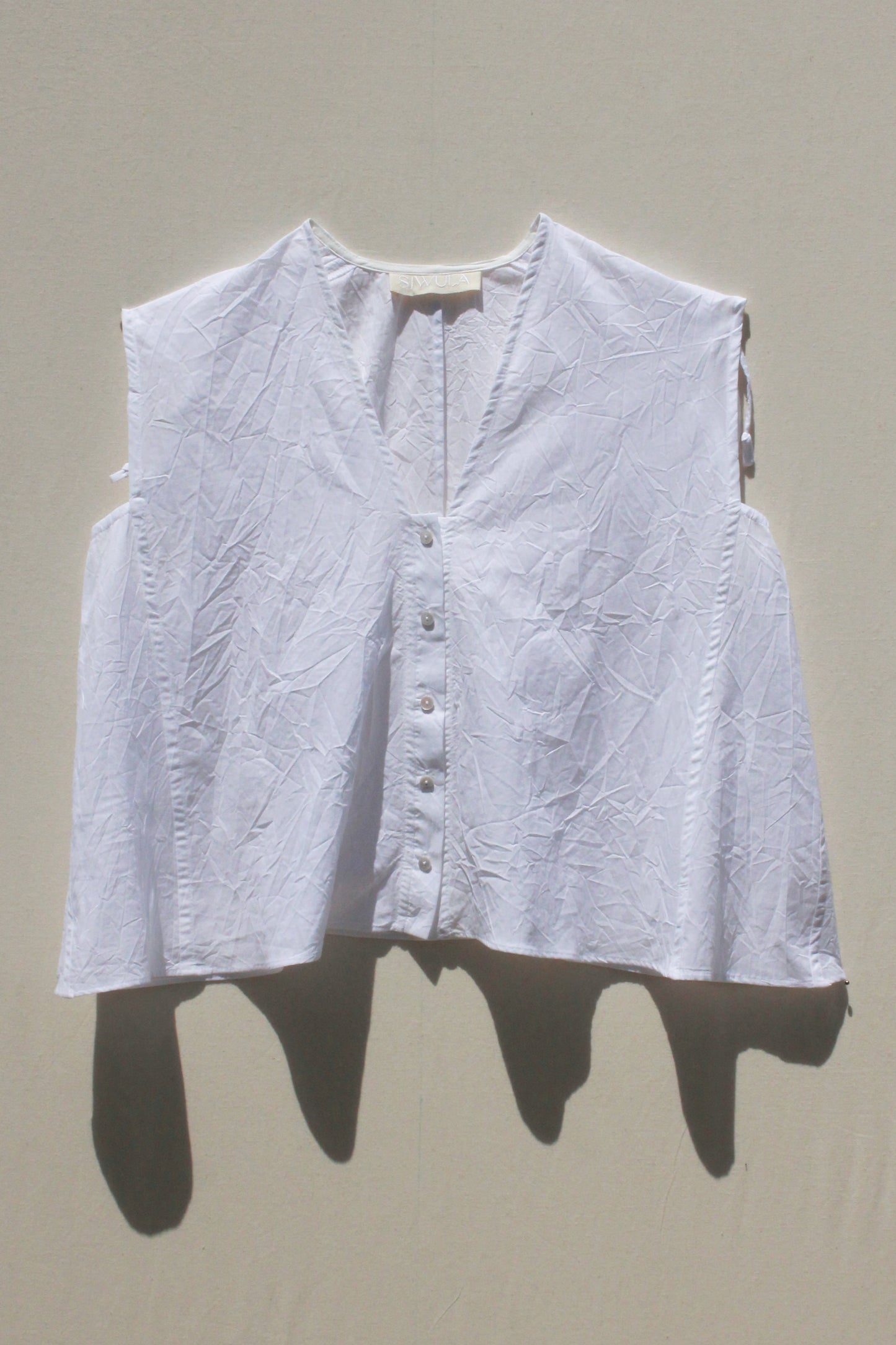 Cinch Shoulder Sleeveless Top - White Crinkle Voile