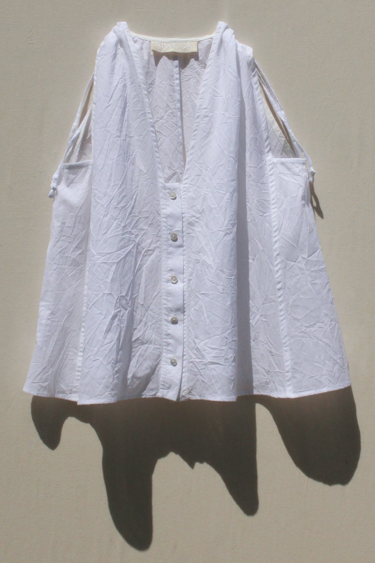 Cinch Shoulder Sleeveless Top - White Crinkle Voile