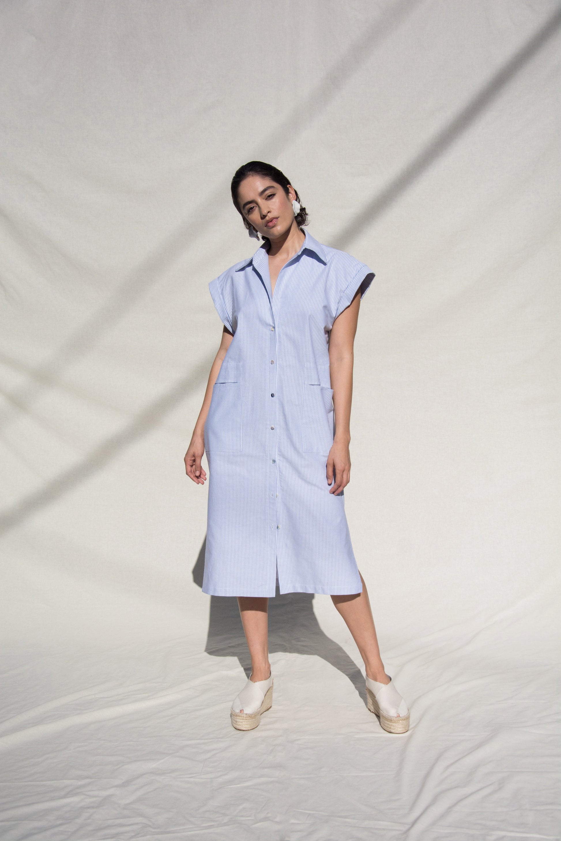 shirt dress with slits on both sides The Daviston Side-Slit Midi Shirt Dress in Navy Large